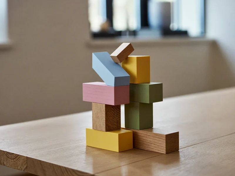 Illustration d'une tour de cubes en bois naturel aux teintes pastel sur une table claire