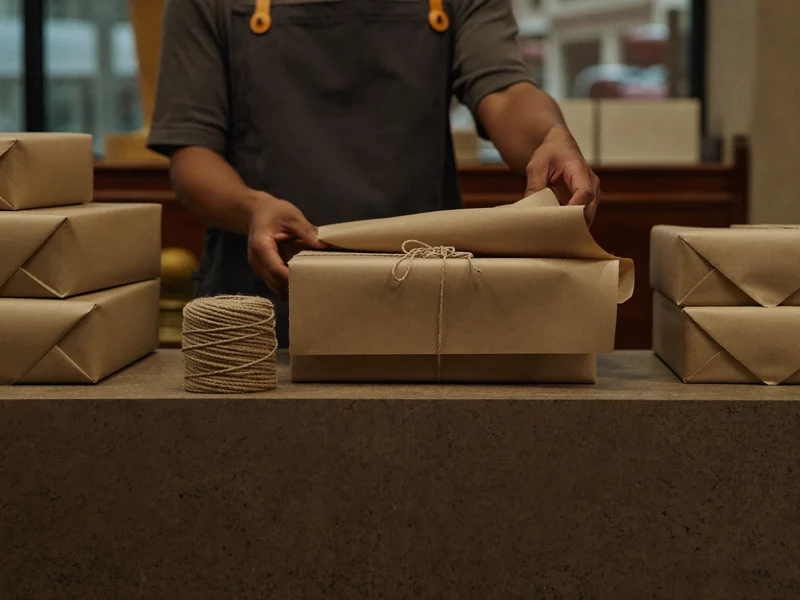 Illustration d'un comptoir où un jouet est emballé dans du papier kraft et de la ficelle
