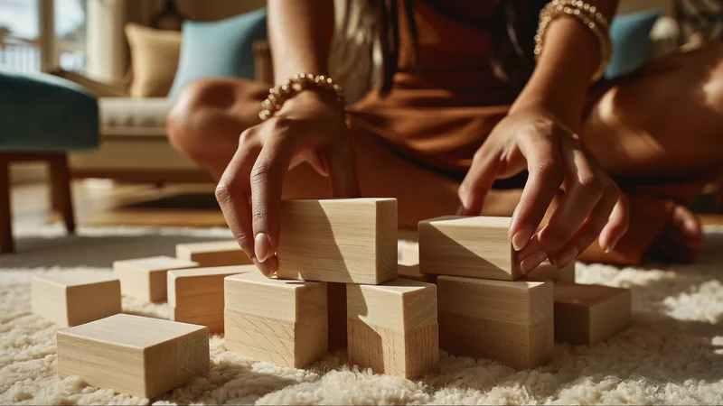 Illustration de mains d'enfant jouant avec des blocs en bois sur un tapis ensoleillé